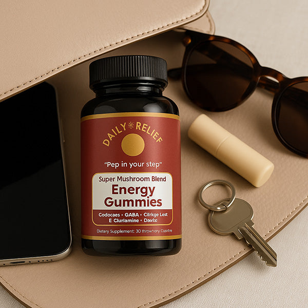 Bottle of Daily Relief Energy Gummies In a beige purse with sunglasses, phone, and key.