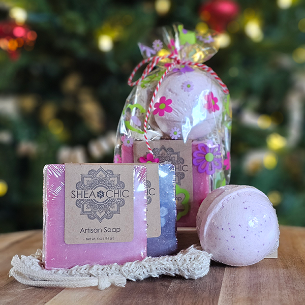 Holiday Bath Treat Gift Set – 2 Handmade Soaps, Bath Bomb & Soap Saver