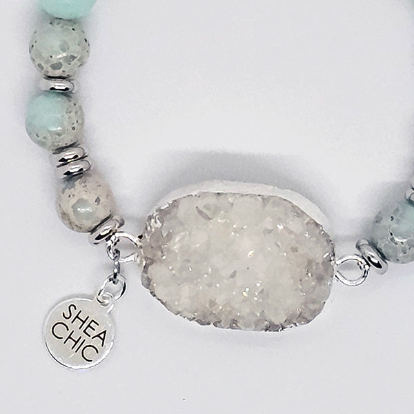 White Druzy Quartz Bracelet with Amazonite & Aqua Terra Jasper – Natural Stone Jewelry