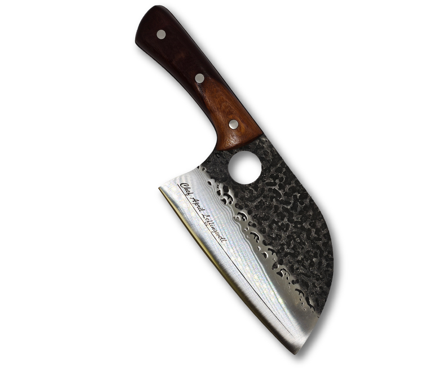 Hammered steel engraved Chef's knife with a wooden handle on a white background