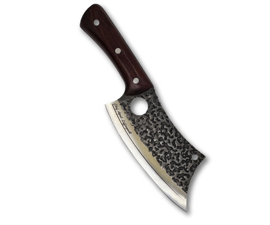 Engraved Butcher knife with a wooden handle on a white background