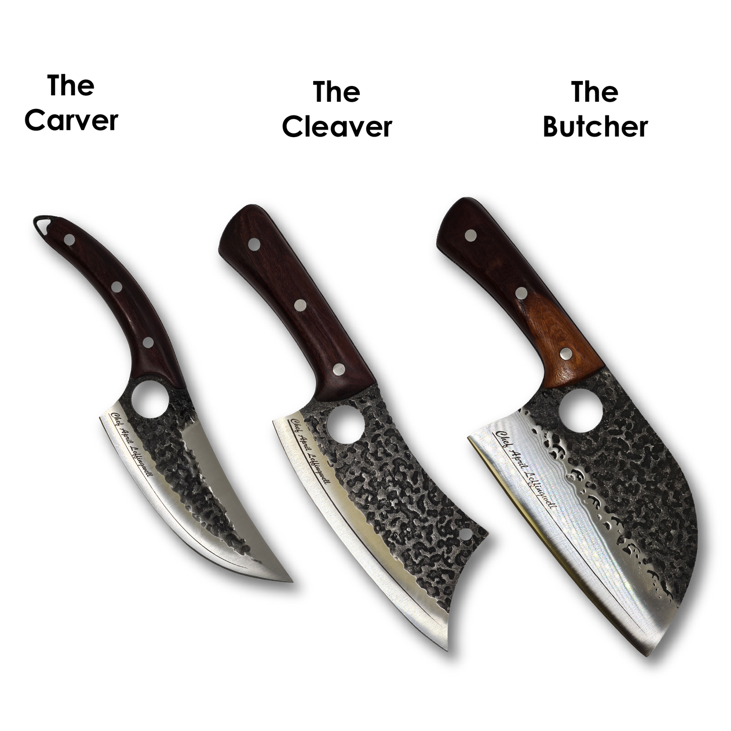Three engraved hammered steel knives labeled 'The Carver', 'The Cleaver', and 'The Butcher' on a white background.