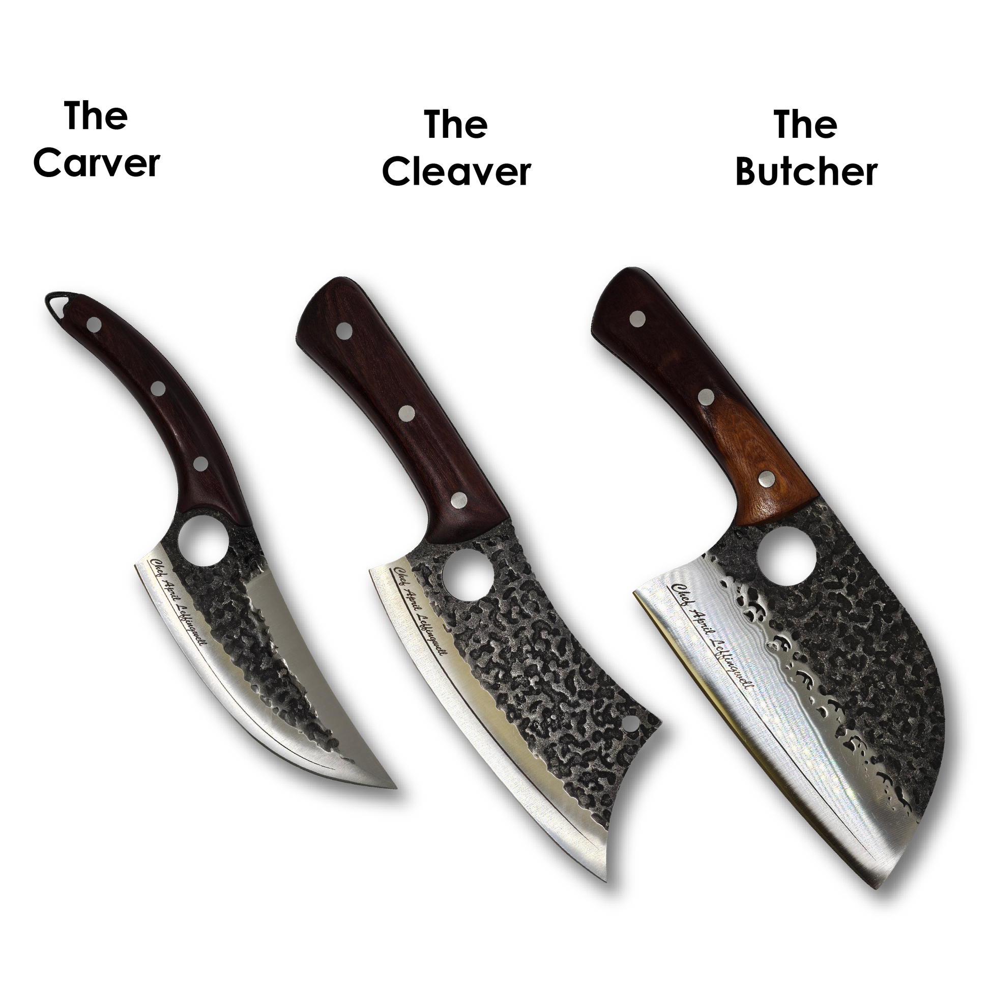 Three engraved hammered steel knives labeled 'The Carver', 'The Cleaver', and 'The Butcher' on a white background.