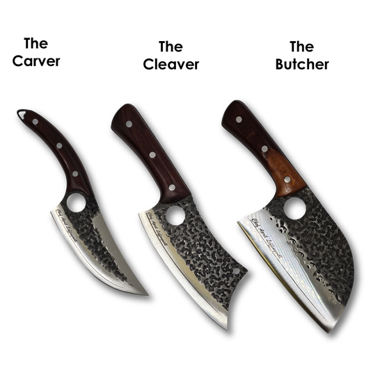 Three engraved hammered steel knives labeled 'The Carver', 'The Cleaver', and 'The Butcher' on a white background.