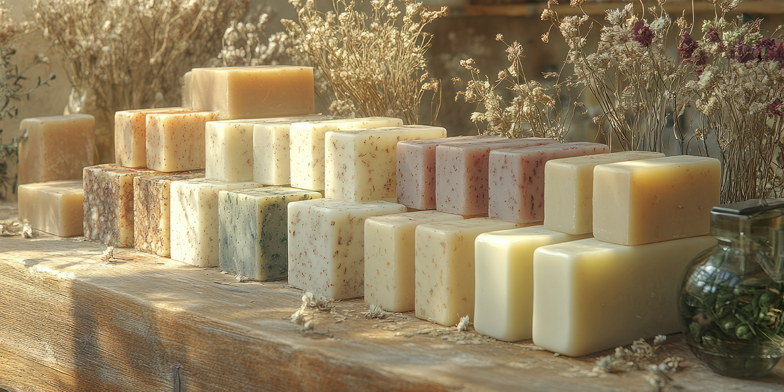 Stacks of handmade soap bars on a wooden surface with dried herbs and plants.