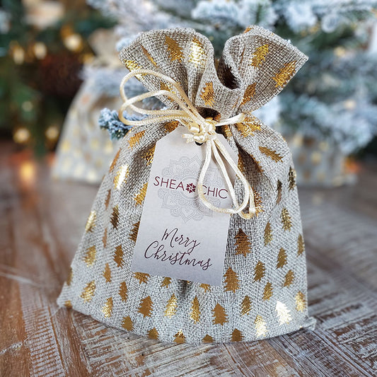 8 x 10 Holiday Burlap and Gold Gift Bag with SHEA CHIC Tag. Ready for Giving.