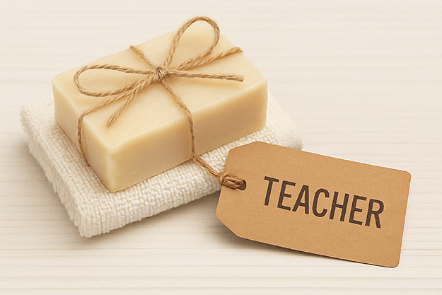 Handmade natural soap bar tied with twine and labeled with a teacher gift tag, presented on a towel.