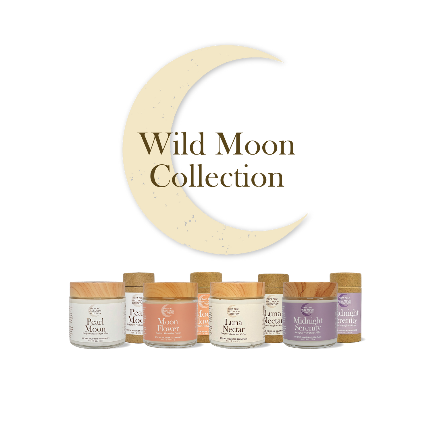 Wild Moon Collection of creme jars and perfume balms under a wanning moon