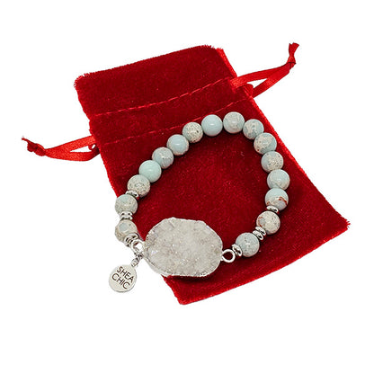 White Druzy Quartz Bracelet with Amazonite & Aqua Terra Jasper – Natural Stone Jewelry