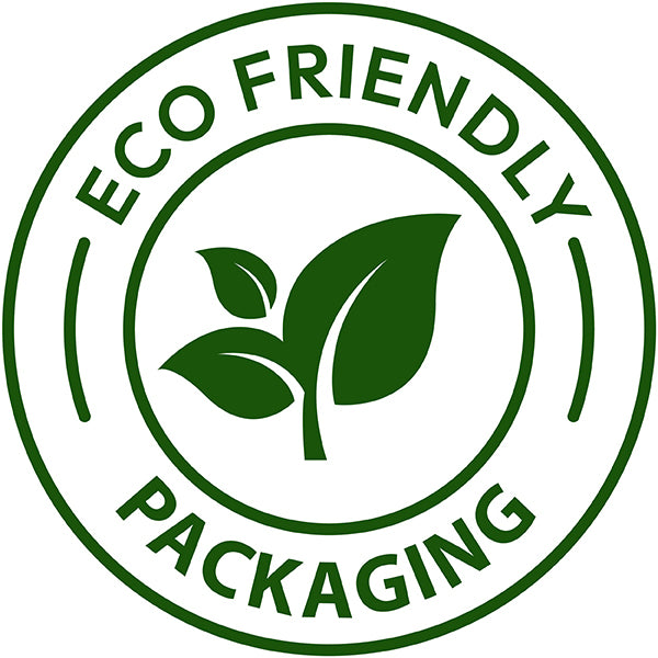 Green 'Eco Friendly Packaging' logo with leaves on a white background