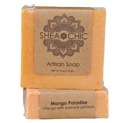 Two bars of Shea Chic Mango Paradise soap on a white background