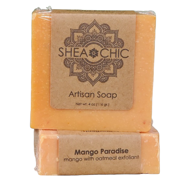 Two bars of Shea Chic Mango Paradise soap on a white background