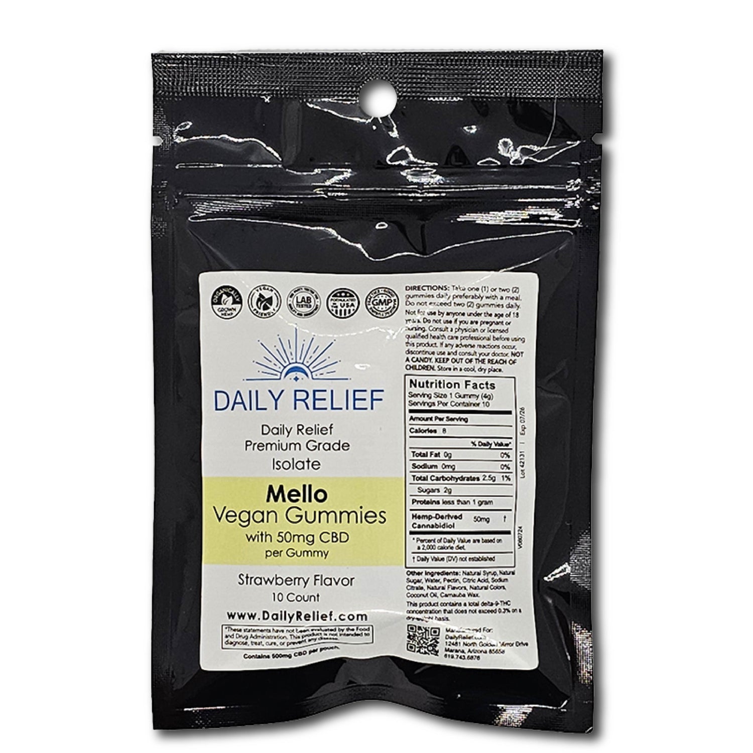 A bag of Daily Relief Mello Vegan Gummies with 50mg CBD, strawberry flavor, and a vegan-friendly formula.