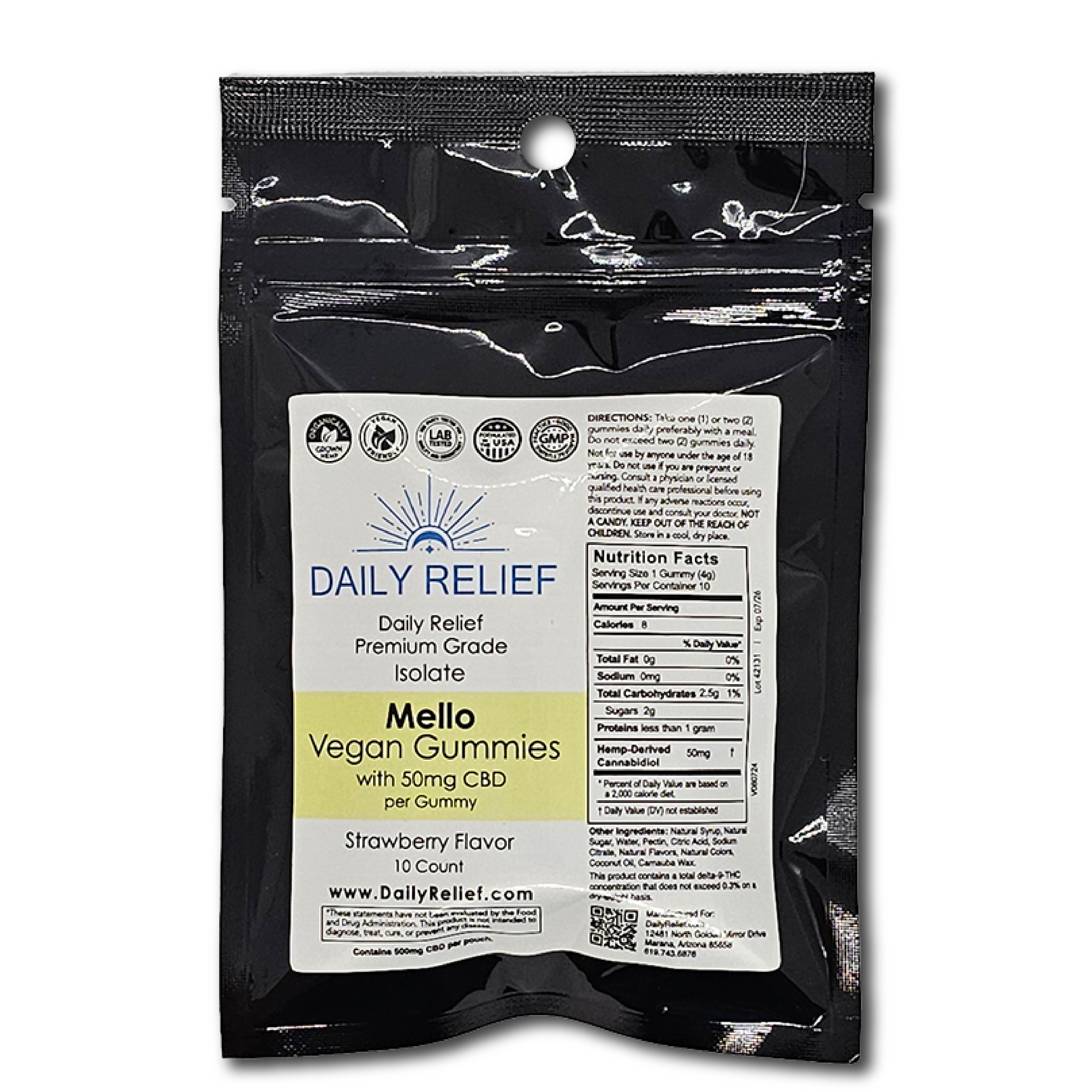 A bag of Daily Relief Mello Vegan Gummies with 50mg CBD, strawberry flavor, and a vegan-friendly formula.