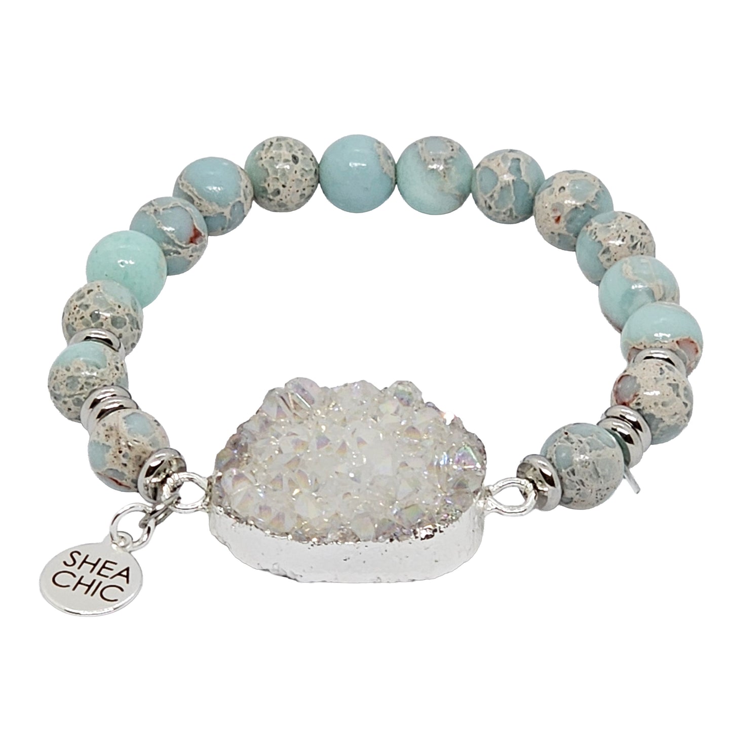 White Druzy Quartz Bracelet with Amazonite & Aqua Terra Jasper – Natural Stone Jewelry