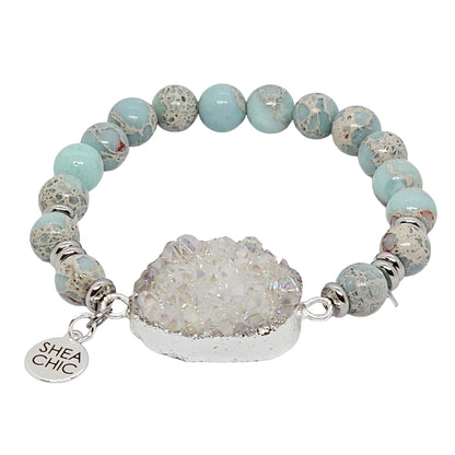 White Druzy Quartz Bracelet with Amazonite & Aqua Terra Jasper – Natural Stone Jewelry