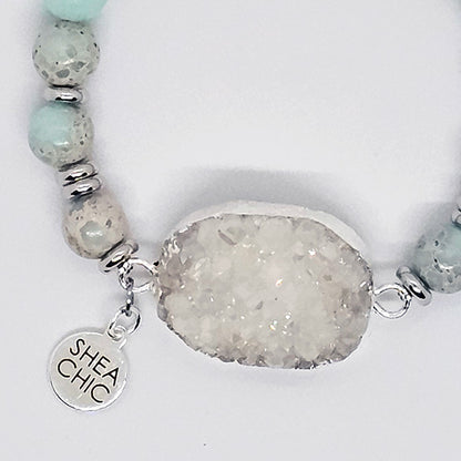 White Druzy Quartz Bracelet with Amazonite & Aqua Terra Jasper – Natural Stone Jewelry