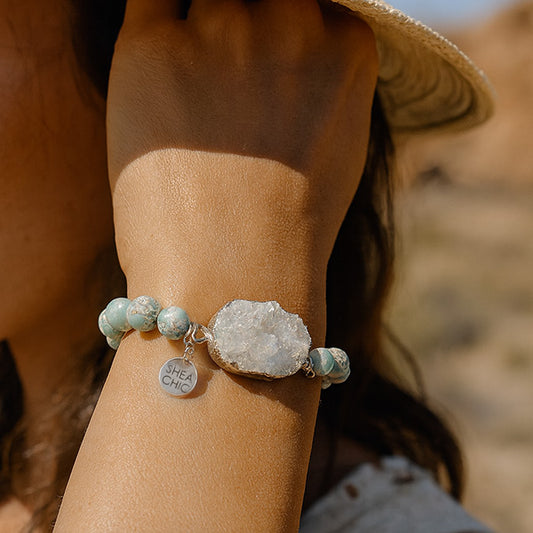 White Druzy Quartz Bracelet with Amazonite & Aqua Terra Jasper – Natural Stone Jewelry