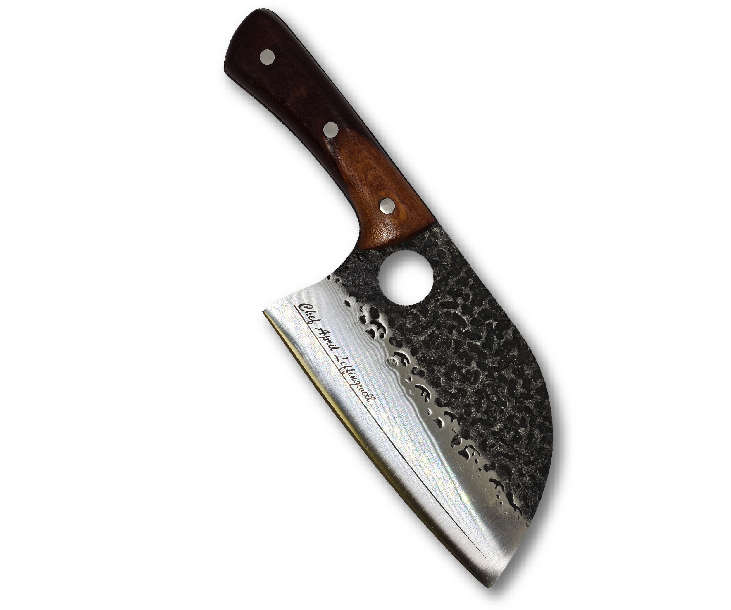 Engraved Chef's knife with a wooden handle on a white background