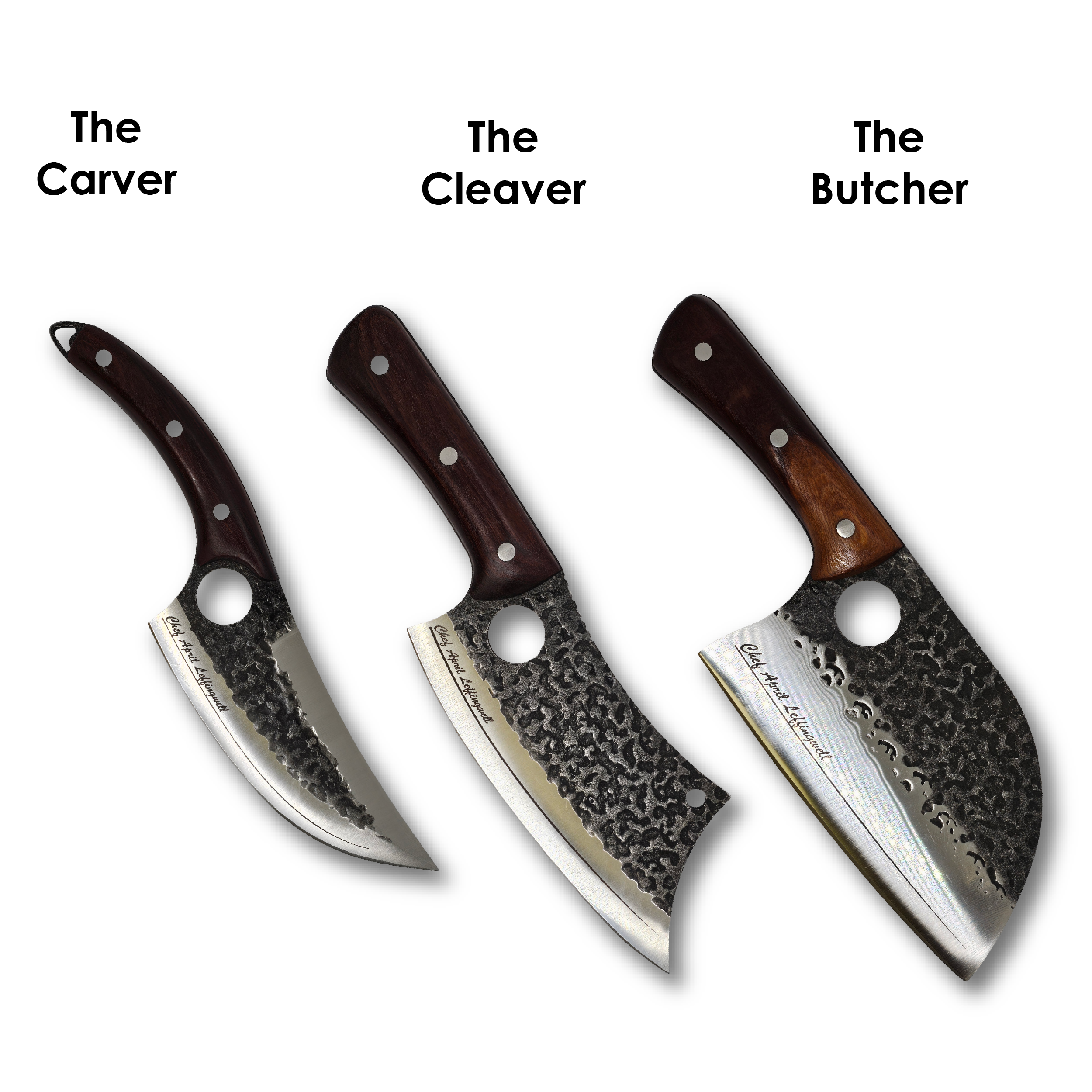 Three engraved hammered steel knives labeled 'The Carver', 'The Cleaver', and 'The Butcher' on a white background.