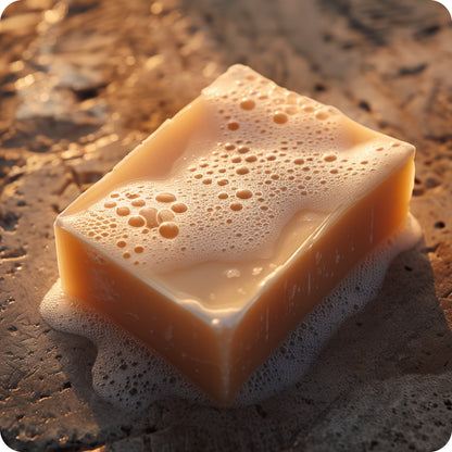 Bar of soap with rich lather on a textured stone surface