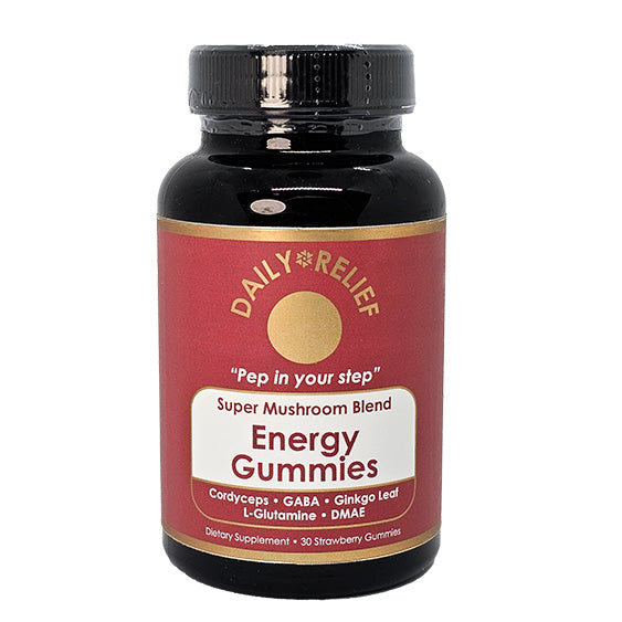 Bottle of DAILY RELIEF Super Mushroom Blend Energy Gummies on a white background