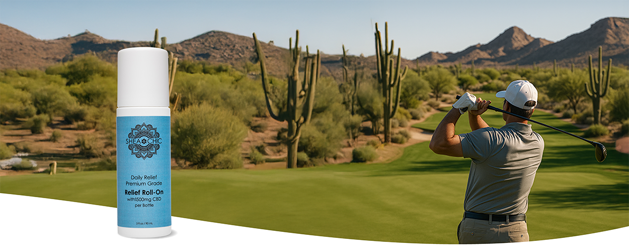 Person playing golf with a bottle of Daily Relief Roll-on in the foreground, set against a desert landscape.