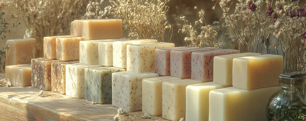 Assorted bars of soap on a wooden surface with a natural background
