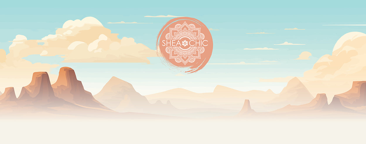 Desert landscape with mountains and a circular logo in the center, featuring the brand 'Shea & Chic'.