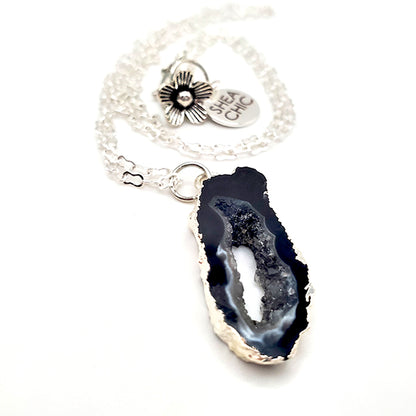 Prosperous CHIC - Black Agate Druzy silver electroplated necklace